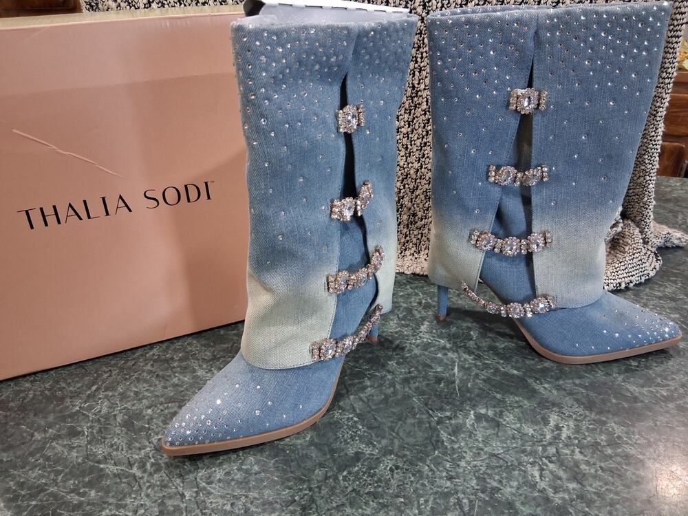 Thalia Sodi Nami Rhinestone Embellished Stiletto Boots 7.5 Ombre Denim Zip $159